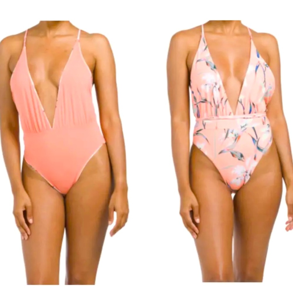 Maaji Reversible One Piece Swimsuit Peach Floral Deep V Medium NWT